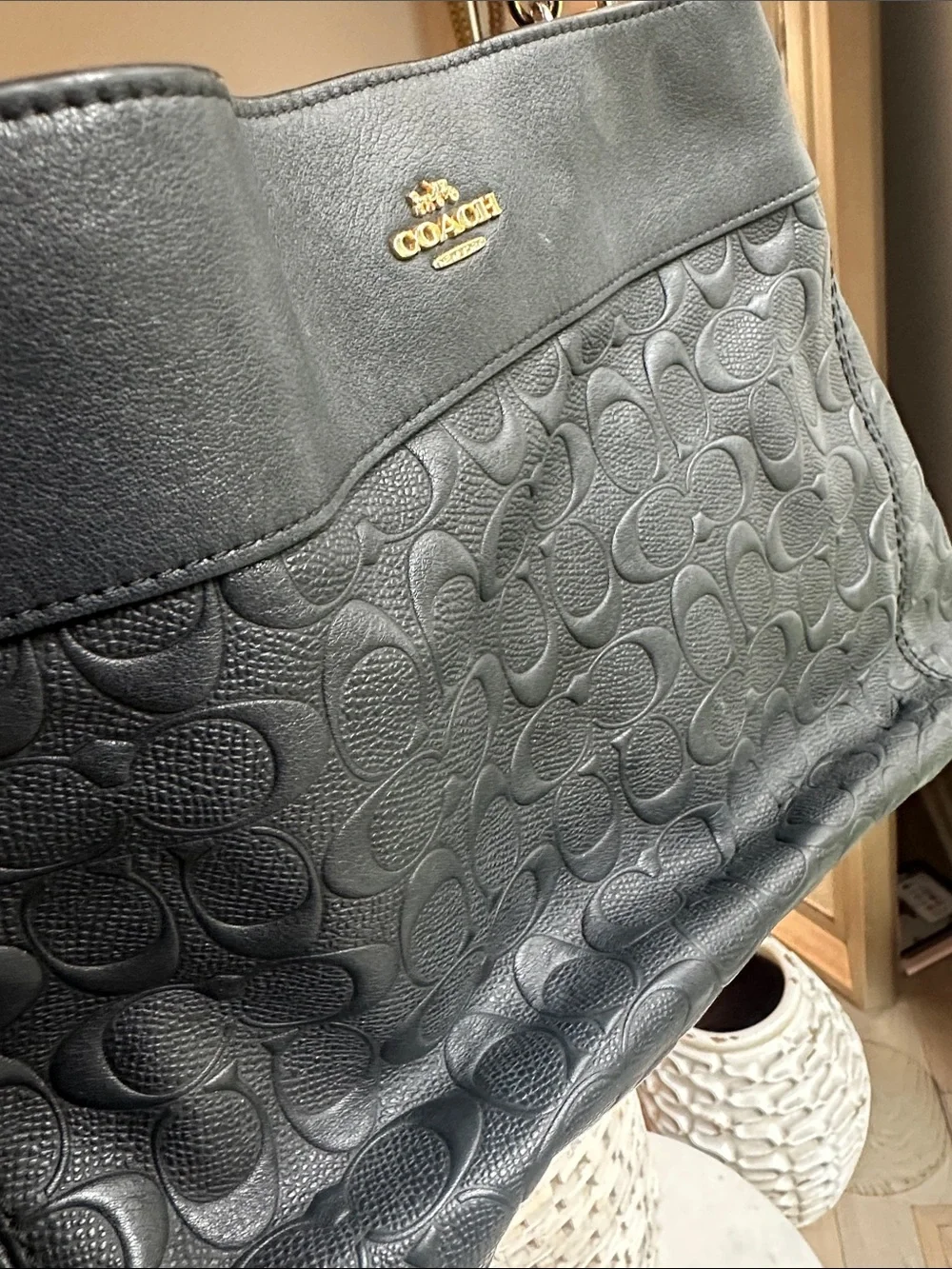 Coach Black Embossed Signature Leather Shoulder Bag